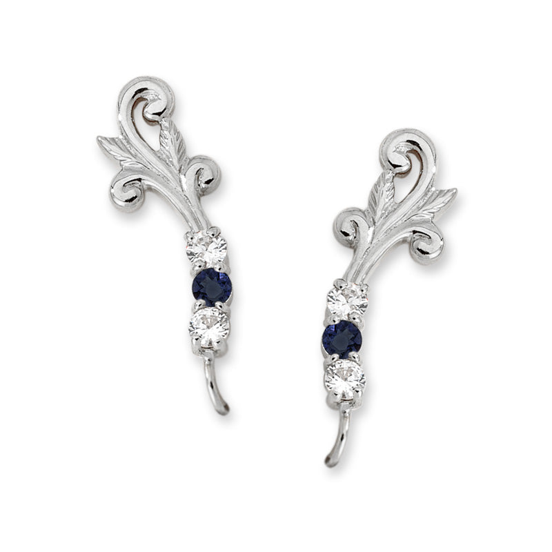 Blue Sapphire & Cubic Zirconia Ear Pin Earrings in 14k Yellow Gold 