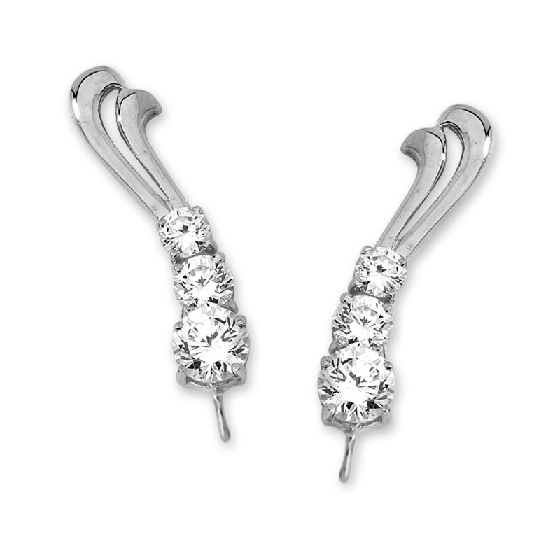 14k White Gold Row of Swirl Cubic Zirconia Ear Pin Earrings