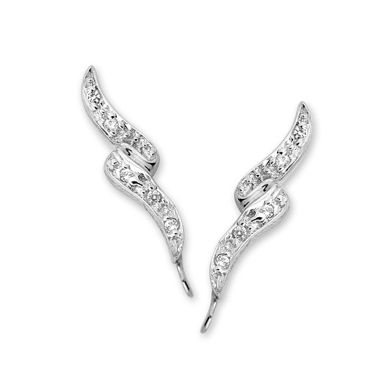 14k White Gold Cubic Zirconia Beaded Swirls Ear Pin Earrings
