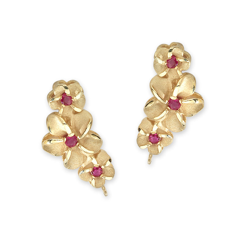 14k Yellow Gold Ruby Graduated Plumeri Ear Pin Earrings