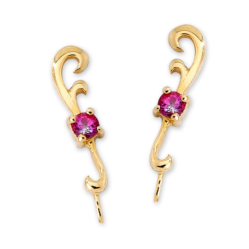 14k Yellow Gold Pink Topaz Curly Tips Ear Pin Earrings