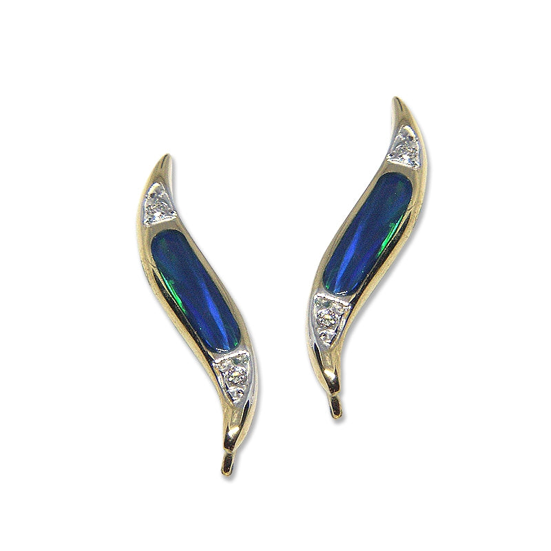 Ear Pin Ear Climber Earrings Inlaid Opal & Diamond 14k Yellow Gold