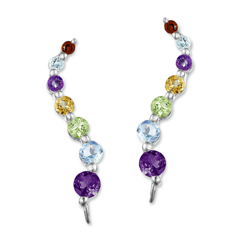 14k White Gold Multi Gemstones Journey Ear Pin Earrings