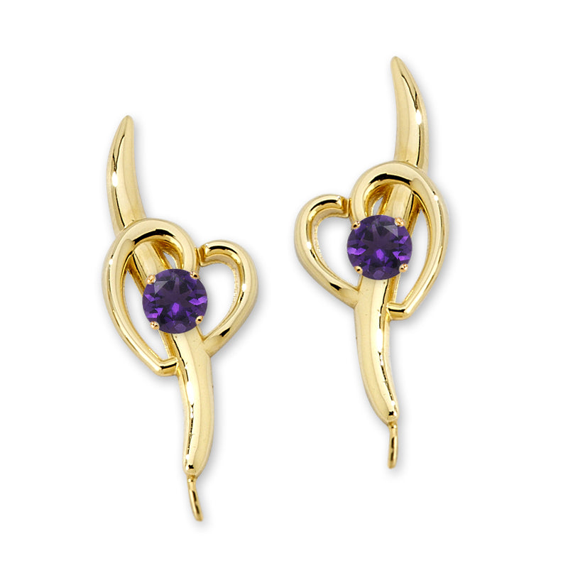Amethyst Heart Ear Pin Earrings Gold Over Silver