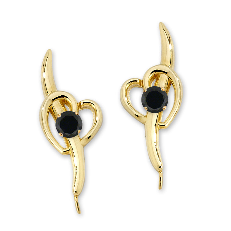 Black Onyx Heart Ear Pin Earrings Yellow Gold
