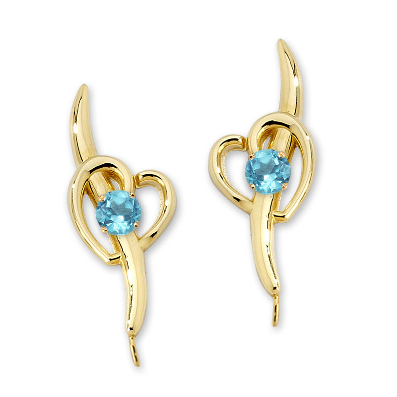 Blue Topaz Heart Ear Pin Earrings Yellow Gold
