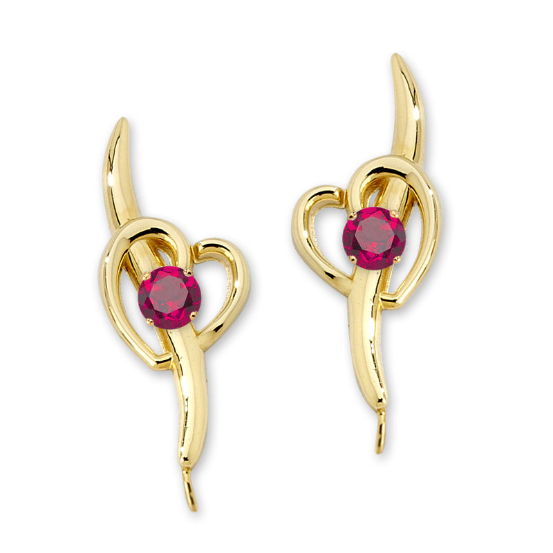 Ruby Heart Ear Pin Earrings Gold Over Silver