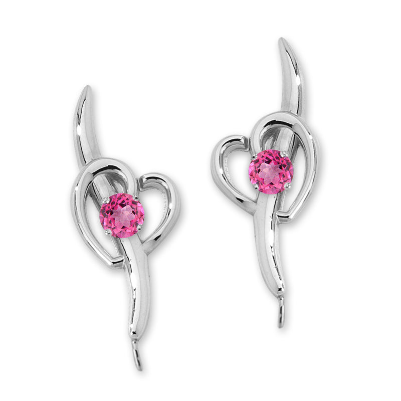 Pink Topaz Heart Ear Pin Earrings Silver