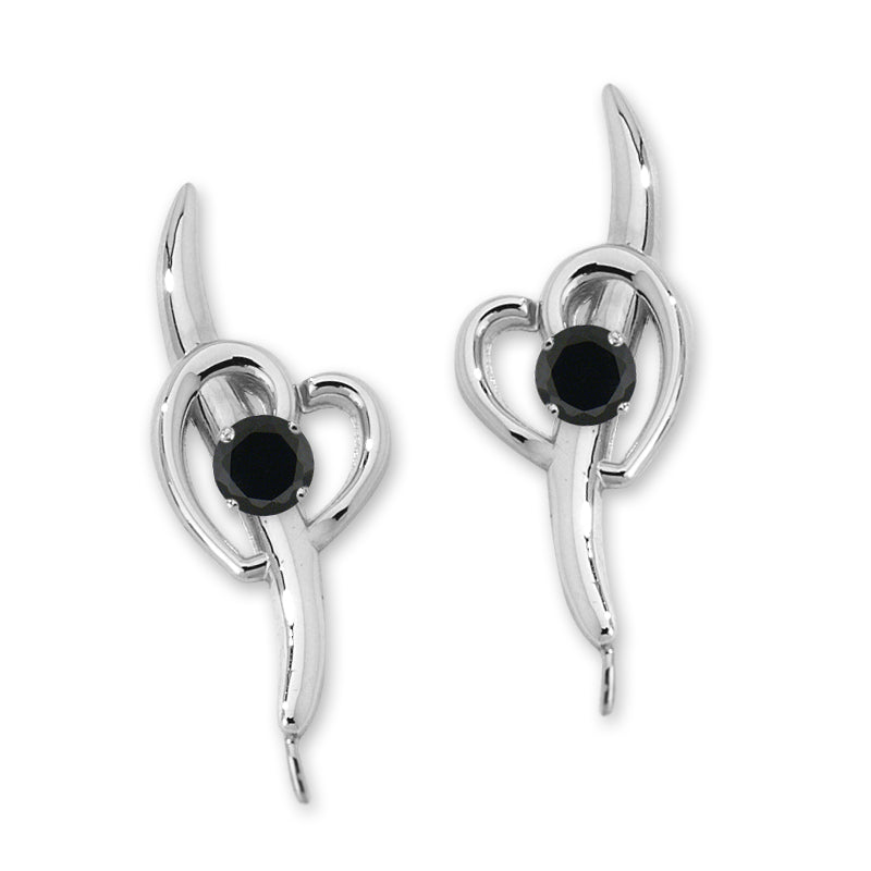 Black Onyx Heart Ear Pin Earrings Silver