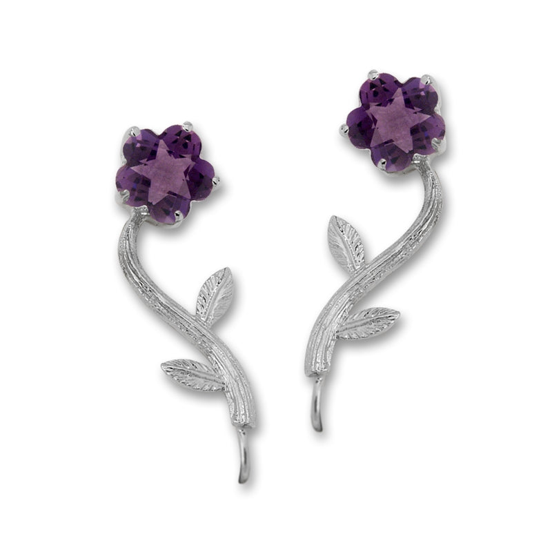 Ear Climbers Amethyst Flower Stem Ear Pin Earrings Sterling Silver