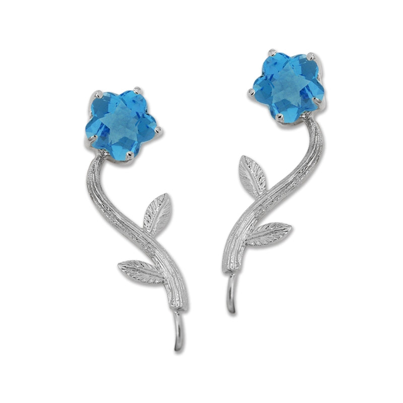 Ear Climbers Blue Topaz Flower Stem Ear Pin Earrings Sterling Silver