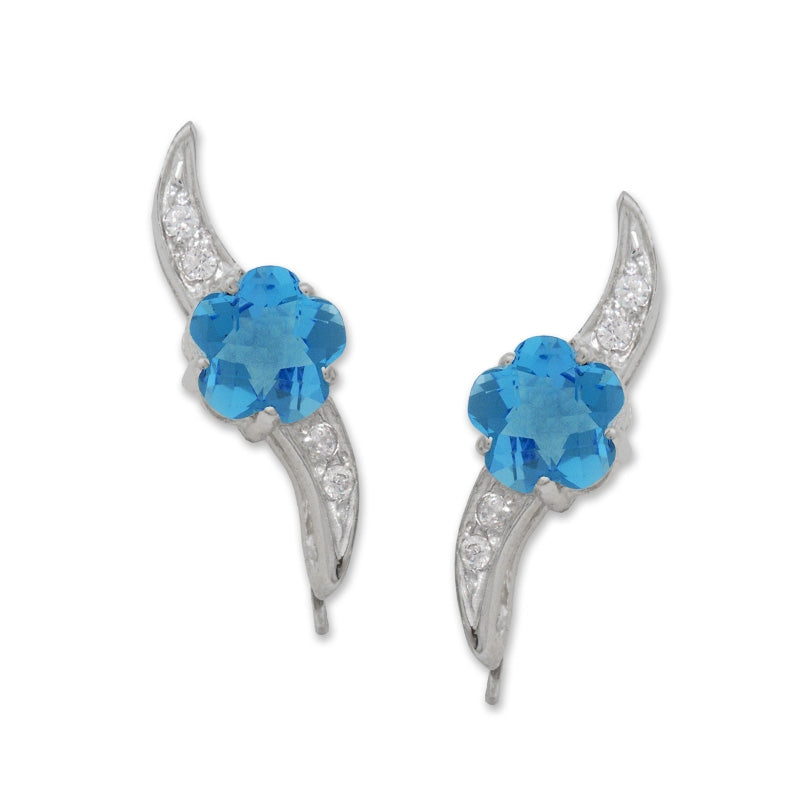 Blue Topaz Ear Pin Ear Climber Earrings Flower Petal Gemstones Sterling Silver