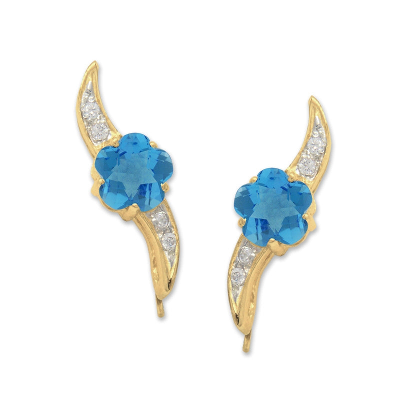 Blue Topaz Ear Pin Ear Climber Earrings Flower Petal Gemstones 14k Yellow Gold
