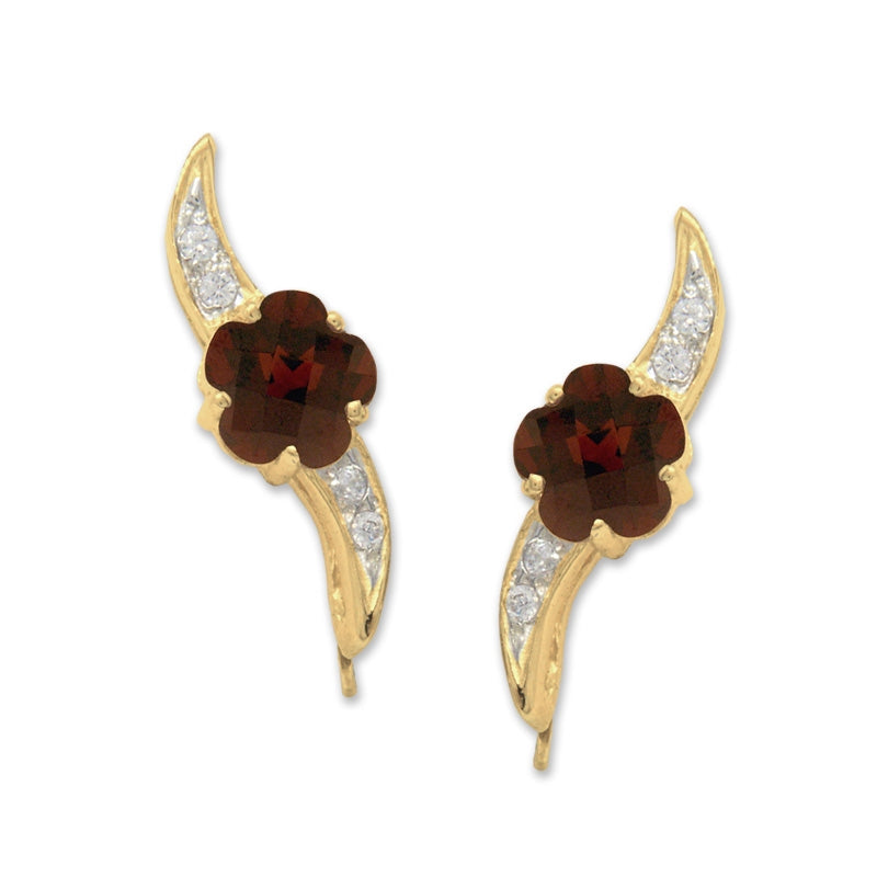Garnet Ear Pin Ear Climber Earrings Flower Petal Gemstones 14k Yellow Gold