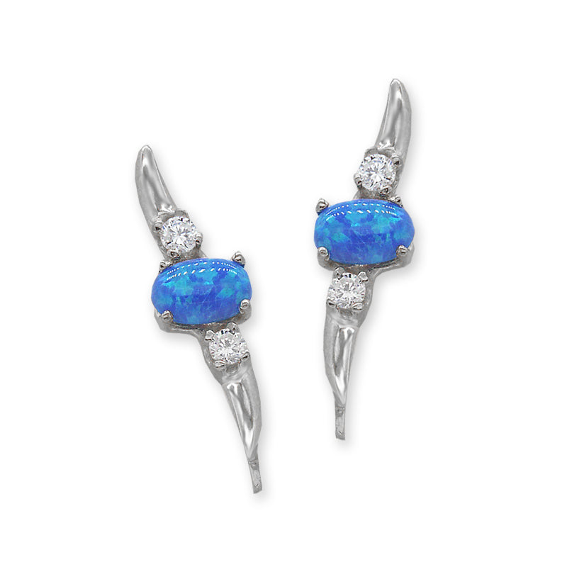 Ear Climber Earrings Ear Pin Oval Opal Center CZ Accents Earcrawlers