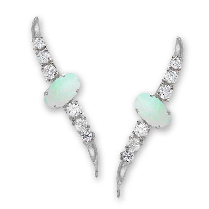 Ear Climber Earrings Ear Pin Oval Opal Center CZ Accents Earcrawlers Large Version