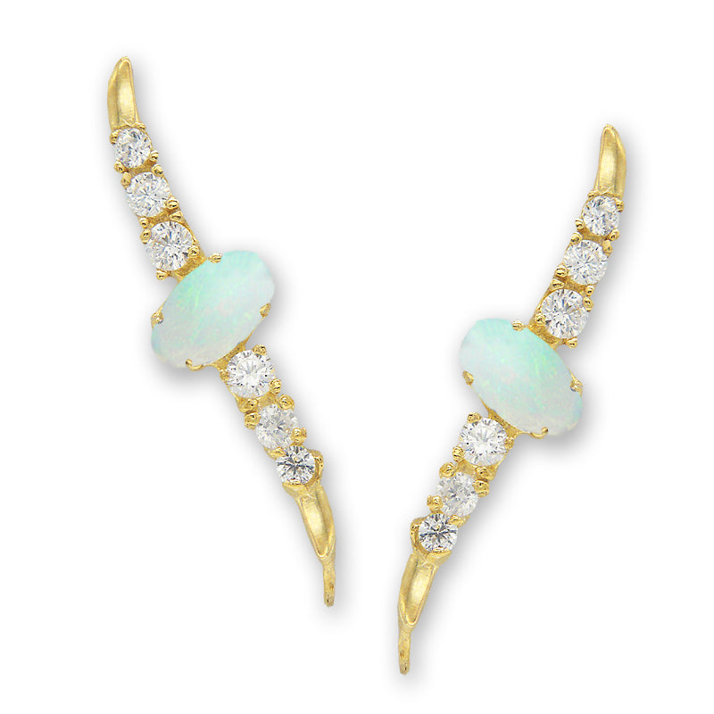 Ear Climber Earrings Ear Pin Oval Opal Center CZ Accents Earcrawlers Large Version
