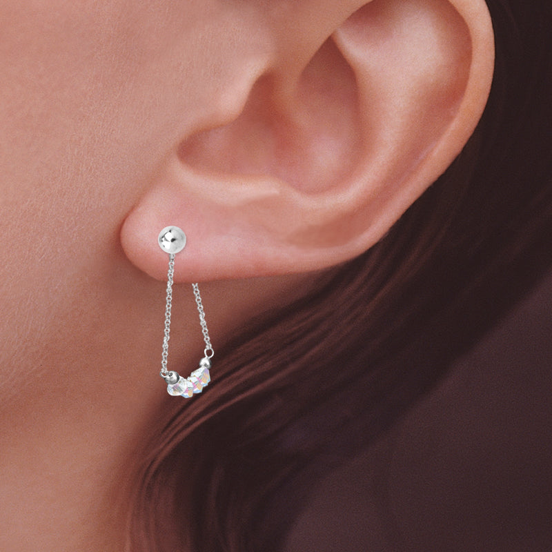 Silver Swarovski Crystals Arc Front-to-Back Chain Bead Stud Earrings