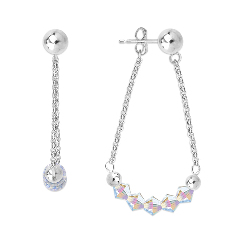 Silver Swarovski Crystals Arc Front-to-Back Chain Bead Stud Earrings