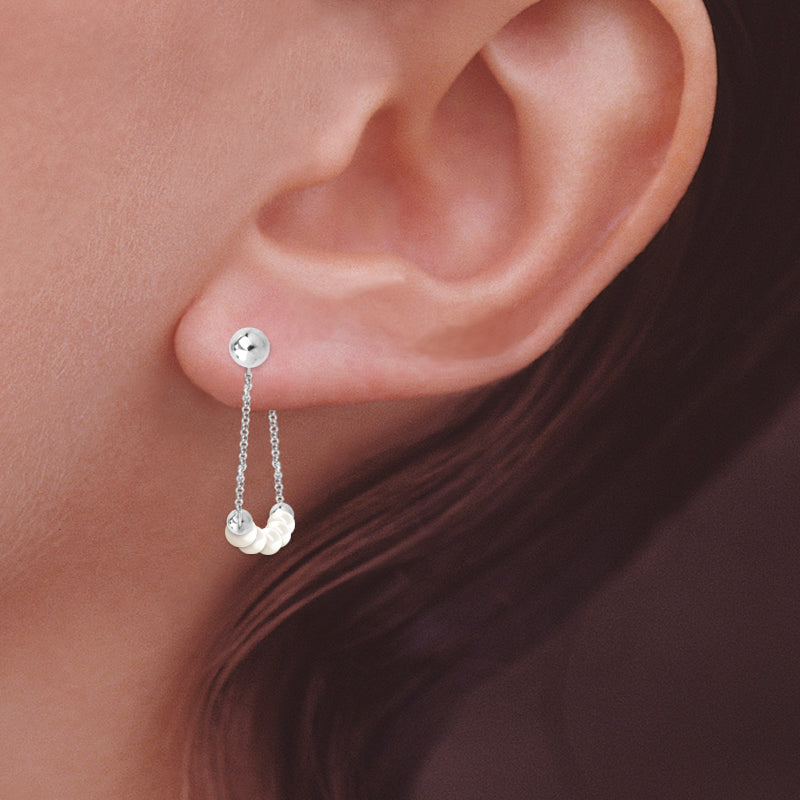 Silver Swarovski Pearls Arc Front-to-Back Chain Bead Stud Earrings