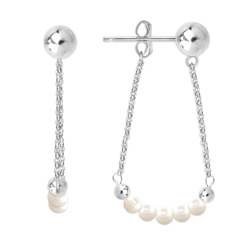 Silver Swarovski Pearls Arc Front-to-Back Chain Bead Stud Earrings