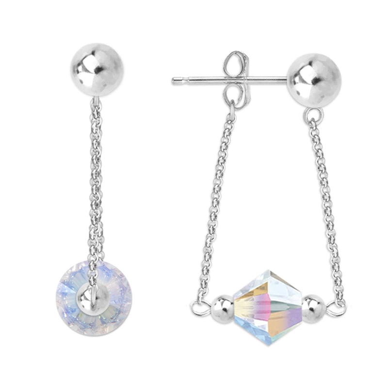 Silver Swarovski Crystals Bicone Front-to-Back Chain Bead Stud Earrings