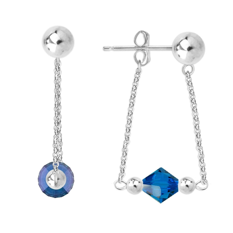 Silver Swarovski Crystals Bicone Front-to-Back Chain Bead Stud Earrings