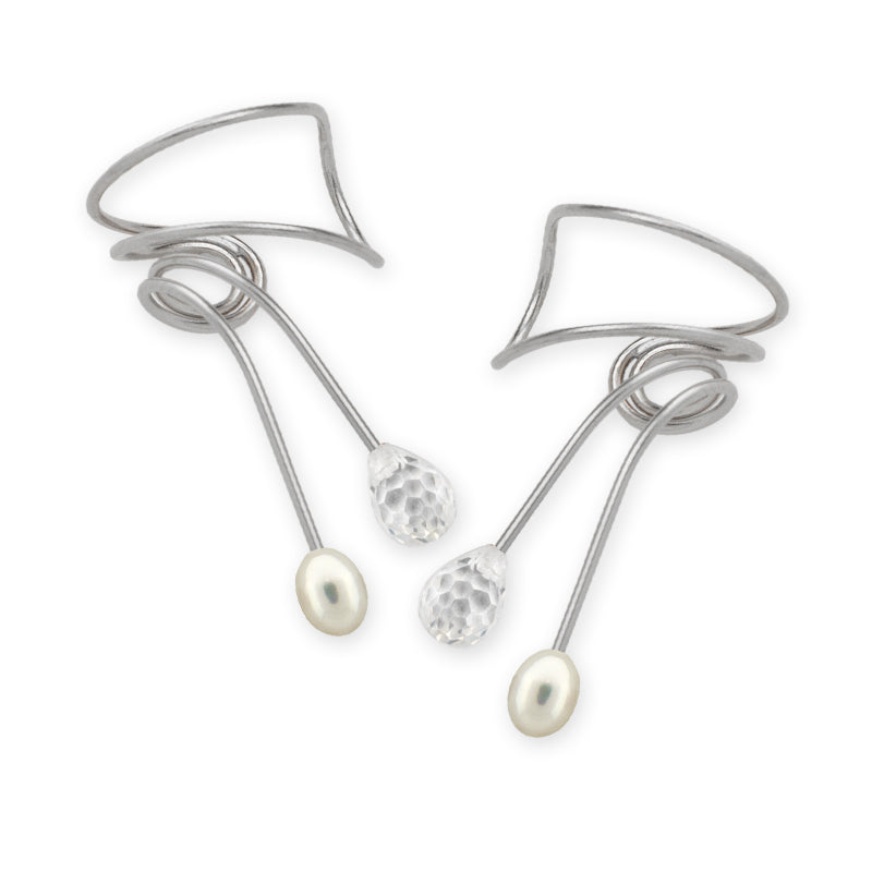 Silver Cubic Zirconia and Pearl Wrap Earcuff Earrings