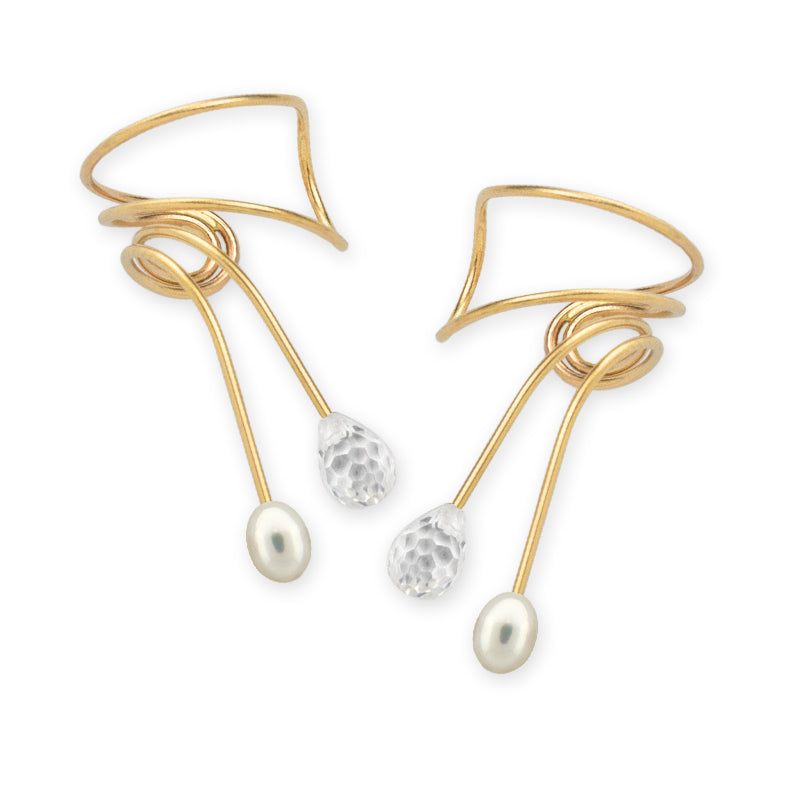 Gold Cubic Zirconia and Pearl Wrap Earcuff Earrings