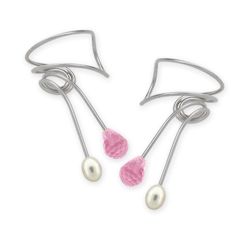 Silver Pink and Pearl Wrap Earcuff Earrings