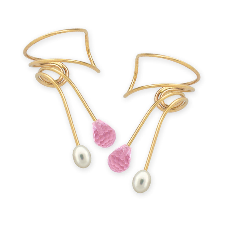 Gold Pink Teardrop and Pearl Wrap Earcuff Earrings