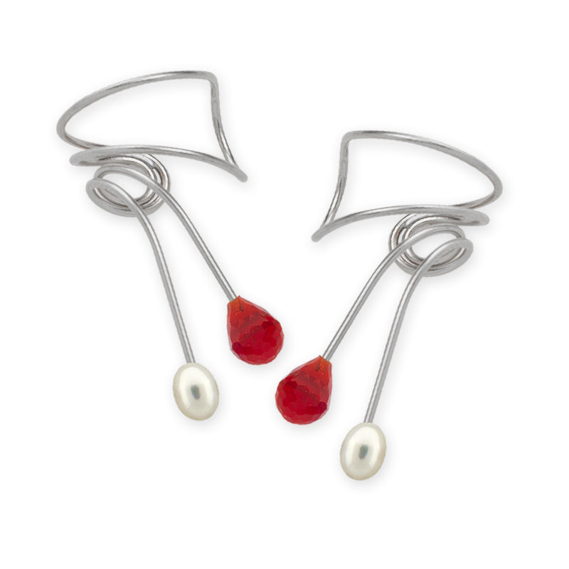 Silver Ruby and Pearl Wrap Earcuff Earrings