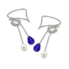 Silver Blue Sapphire and Pearl Wrap Earcuff Earrings