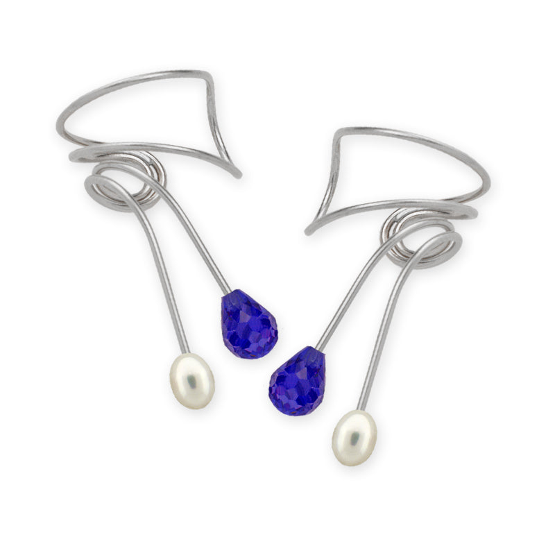 Silver Blue Sapphire and Pearl Wrap Earcuff Earrings