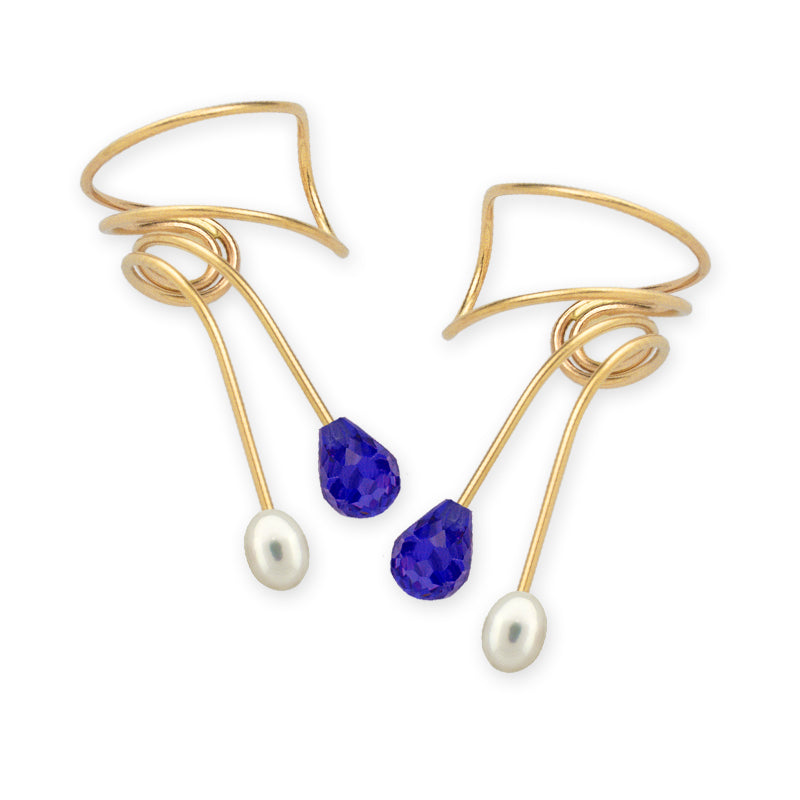 Gold Blue Sapphire and Pearl Wrap Earcuff Earrings