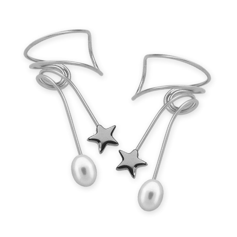 Silver Hematite and Pearl Wrap Earcuff Earrings