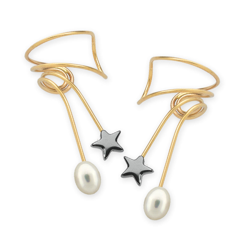 Gold Over Silver Hematite and Pearl Wrap Earcuff Earrings