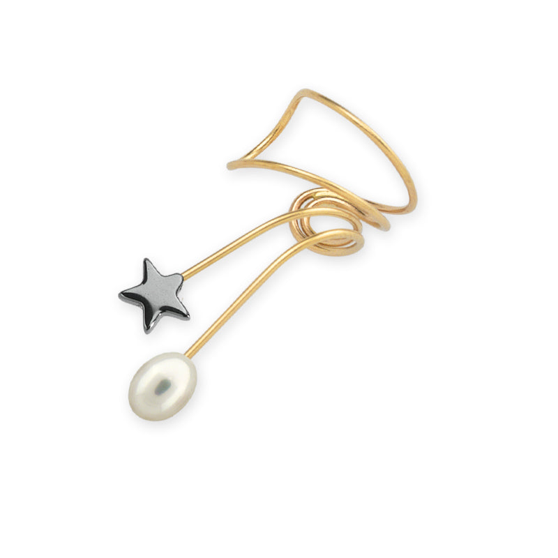 Gold Hematite Star and Pearl Wrap Earcuff Earrings