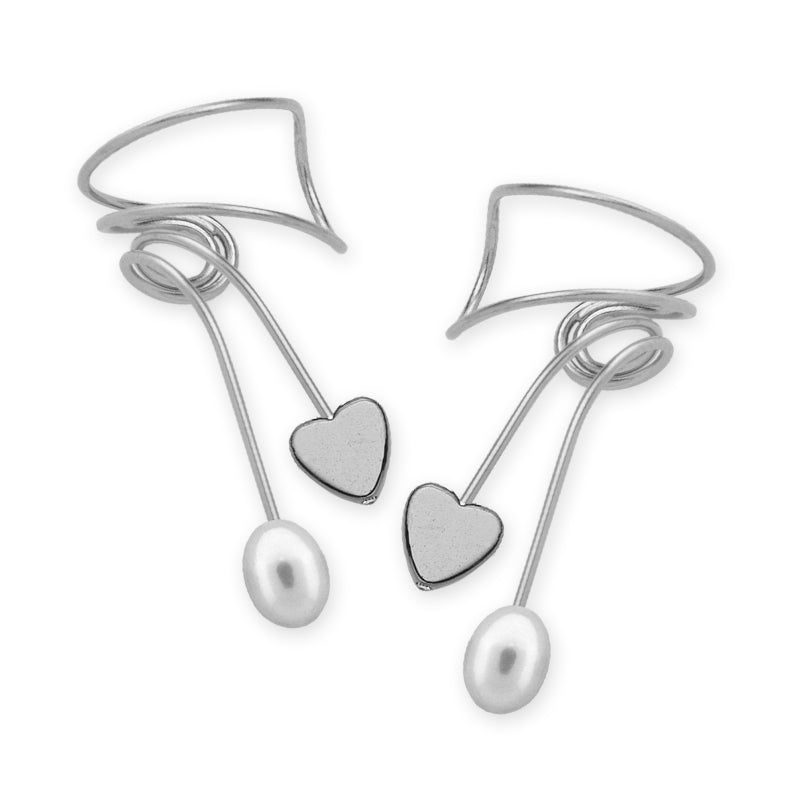 Silver Heart and Pearl Wrap Earcuff Earrings