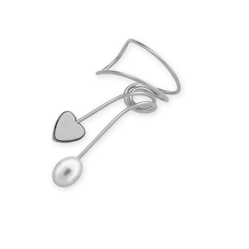 Silver Pearl and Hematite Heart Single Wrap Earcuff Earring