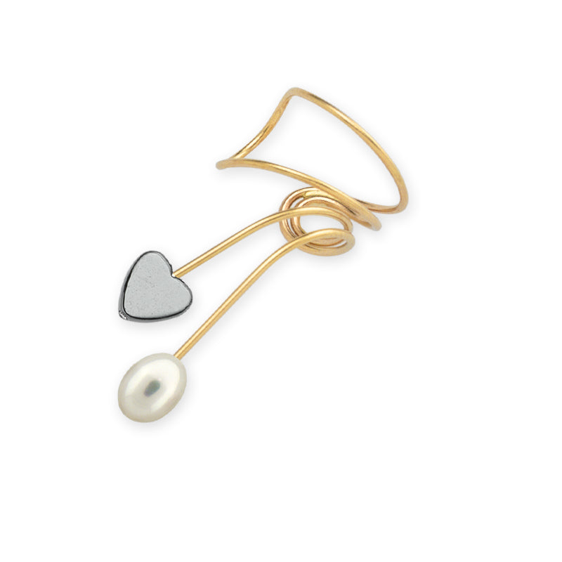 Gold Hematite Heart and Pearl Wrap Earcuff Earring