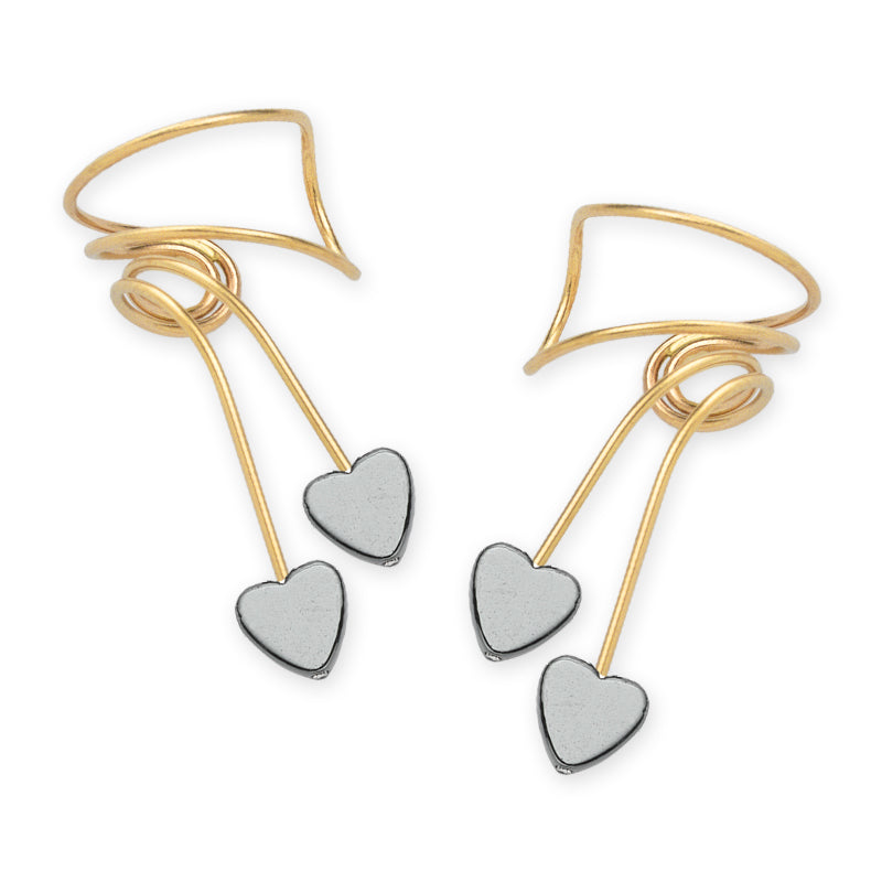 Gold Hematite Hearts Double Branch Wrap Earcuff Earrings