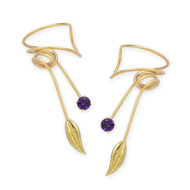 14kt Gold Amethyst Nature's Leaf Wrap Earcuff Earrings