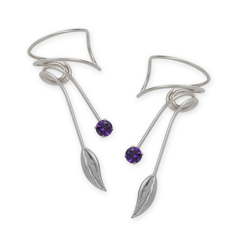 Sterling Silver Amethyst Nature's Leaf Wrap Earcuff Earrings