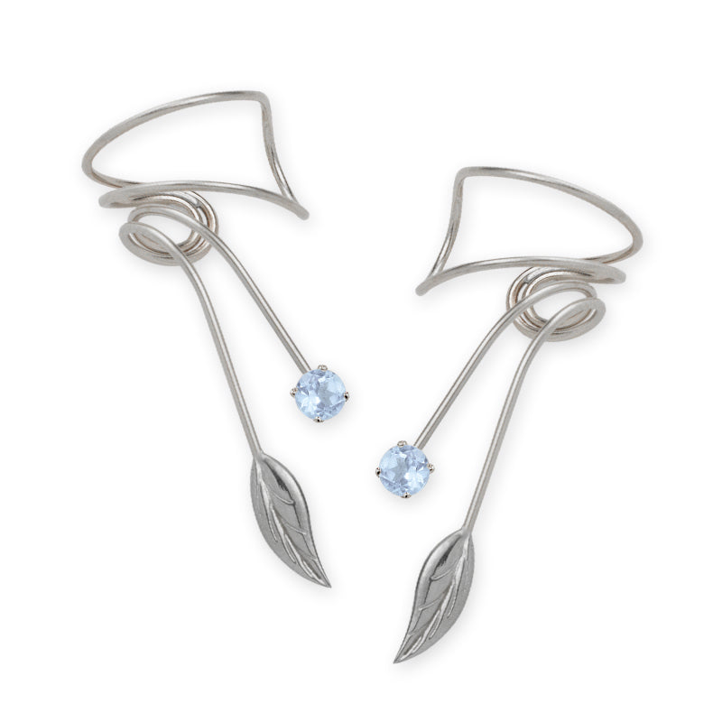 Sterling Silver Aquamarine Nature's Leaf Wrap Earcuff Earrings