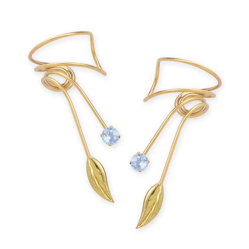 Gold Over Silver Aquamarine Leaf Wrap Earcuff Earrings