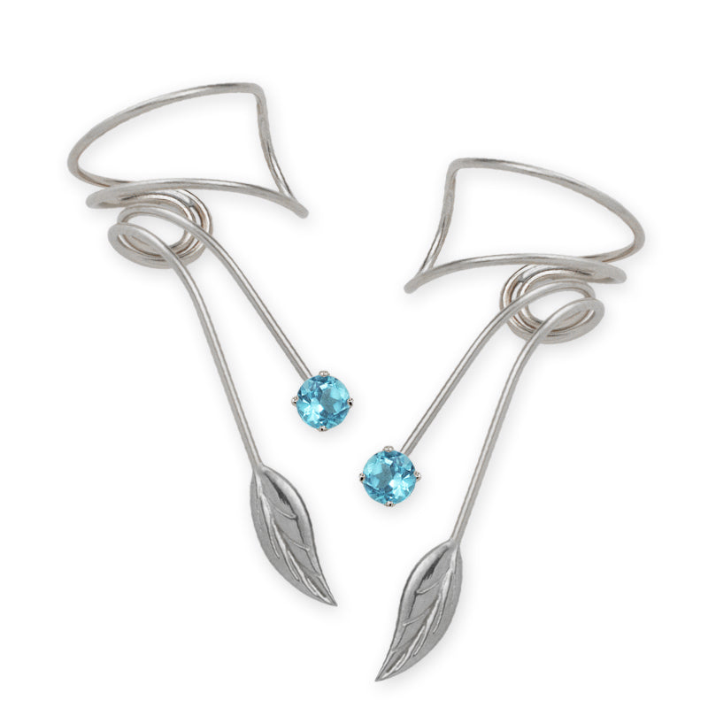 Sterling Silver Blue Topaz Nature's Leaf Wrap Earcuff Earrings