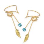 Gold Over Silver Blue Topaz Leaf Wrap Earcuff Earrings