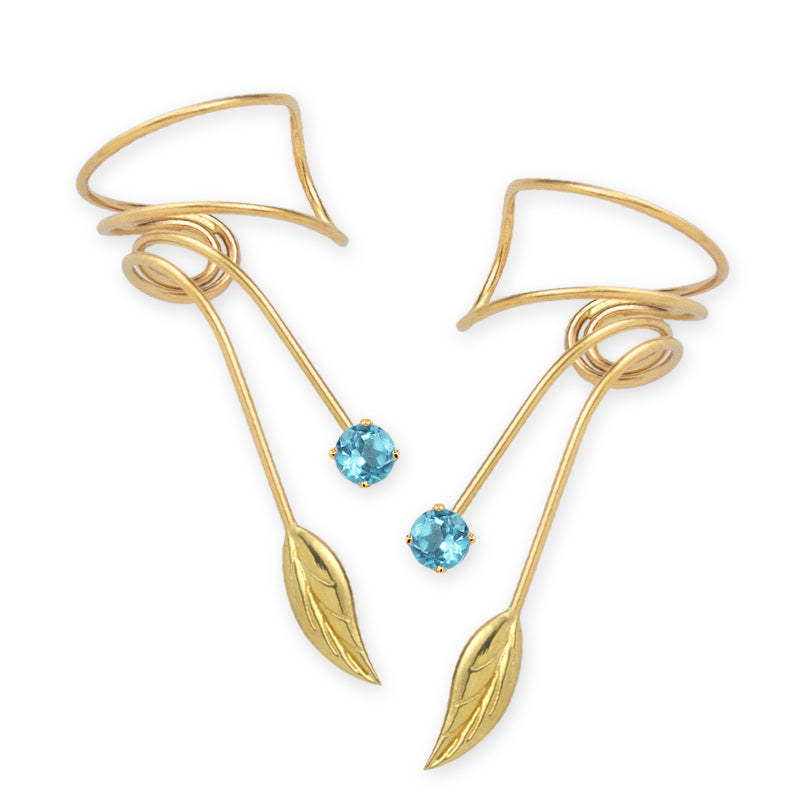 Gold Over Silver Blue Topaz Leaf Wrap Earcuff Earrings