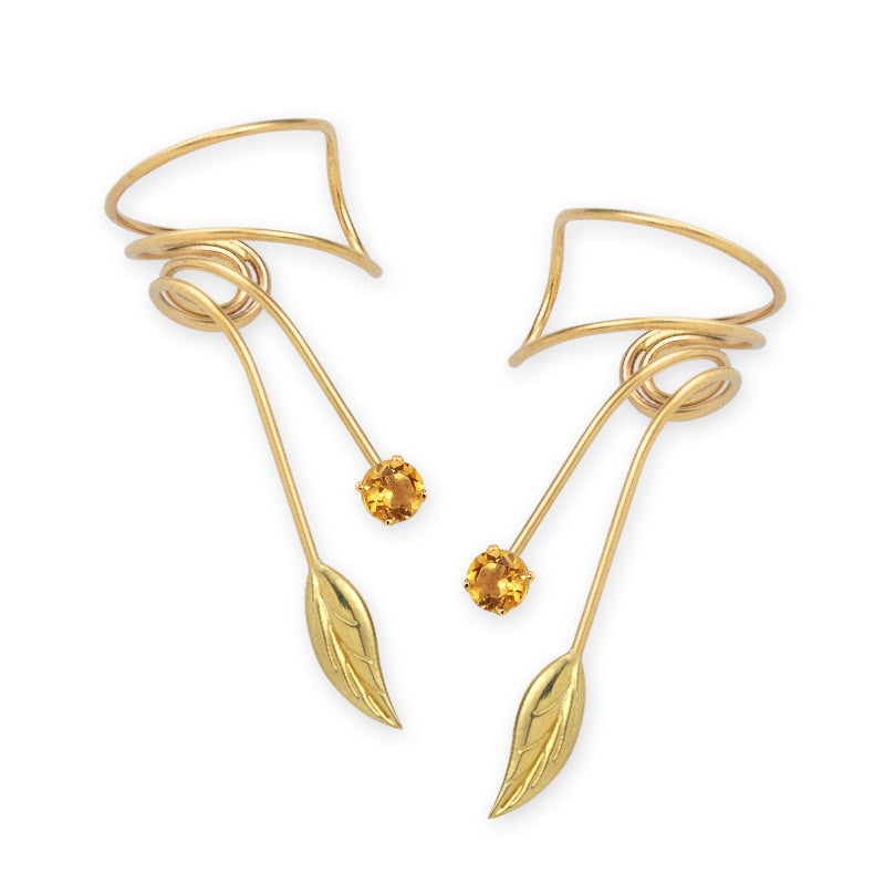 Gold Over Silver Citrine Leaf Wrap Earcuff Earrings
